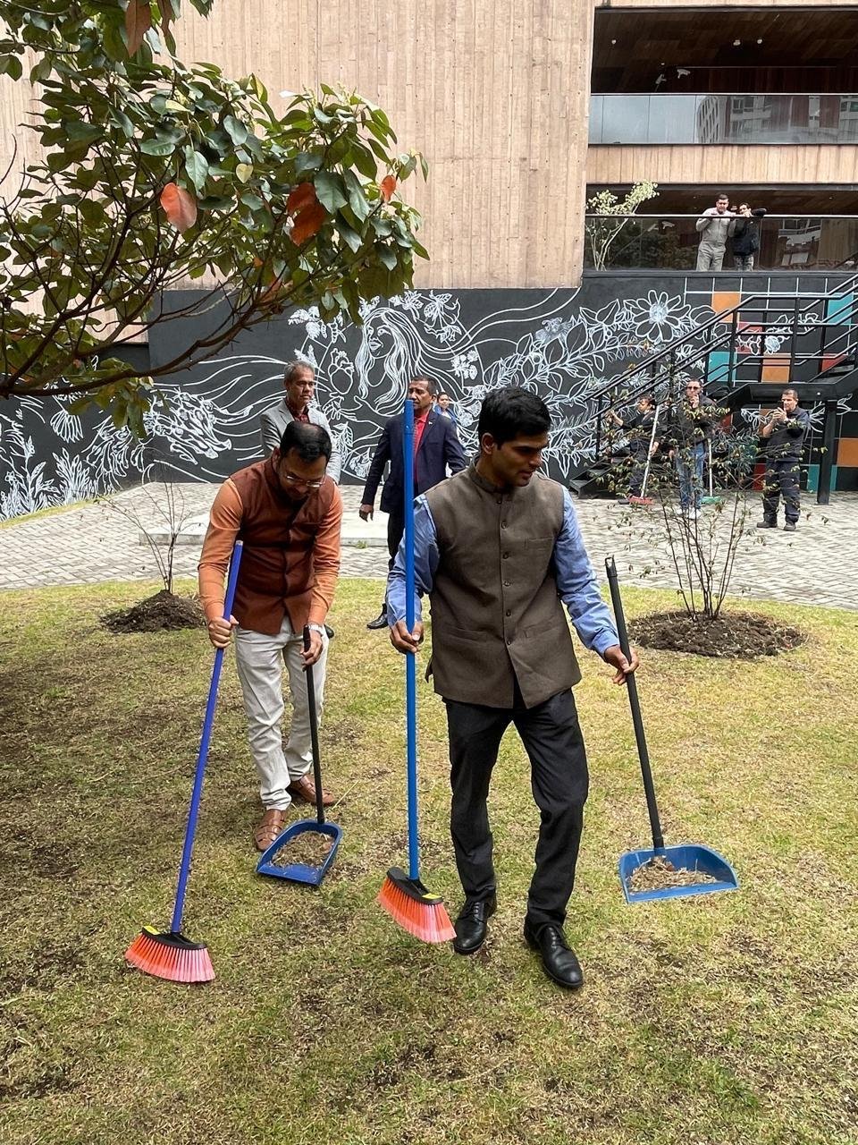 As part of #GandhiJayanti2026, the officials of the Embassy of India in Bogota undertook a cleaning campaign at the Gandhi Garden at Jorge Tadeo Lozano University