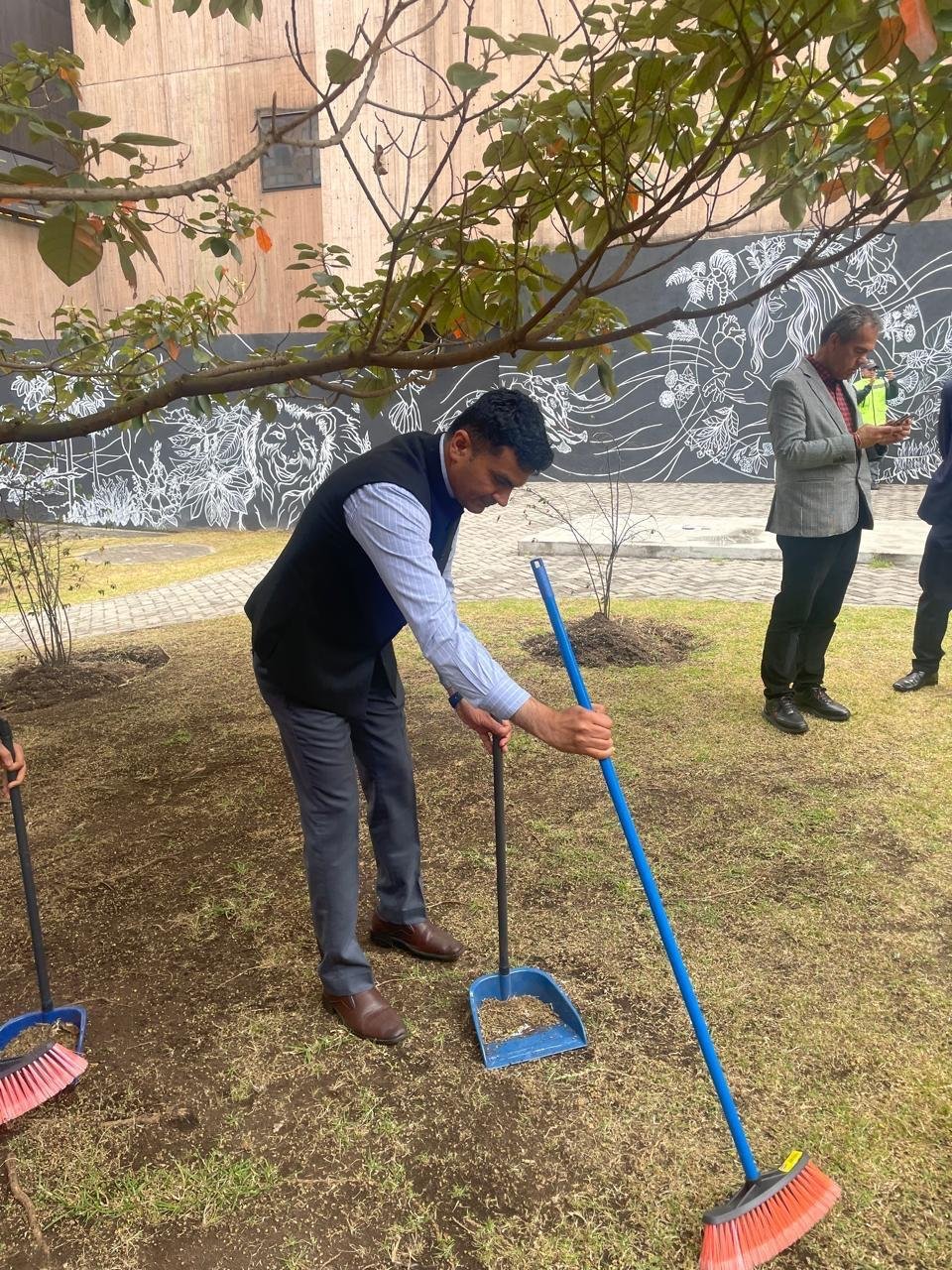 As part of #GandhiJayanti2026, the officials of the Embassy of India in Bogota undertook a cleaning campaign at the Gandhi Garden at Jorge Tadeo Lozano University