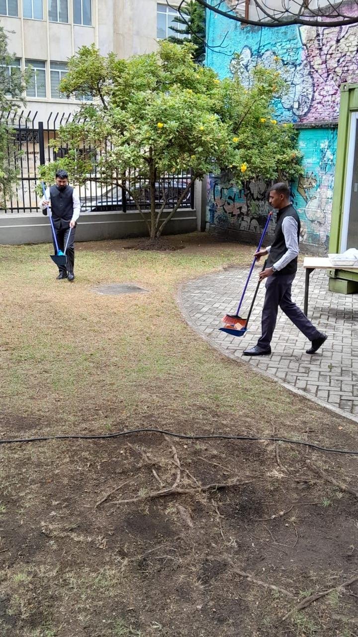 As part of #GandhiJayanti2026, the officials of the Embassy of India in Bogota undertook a cleaning campaign at the Gandhi Garden at Jorge Tadeo Lozano University