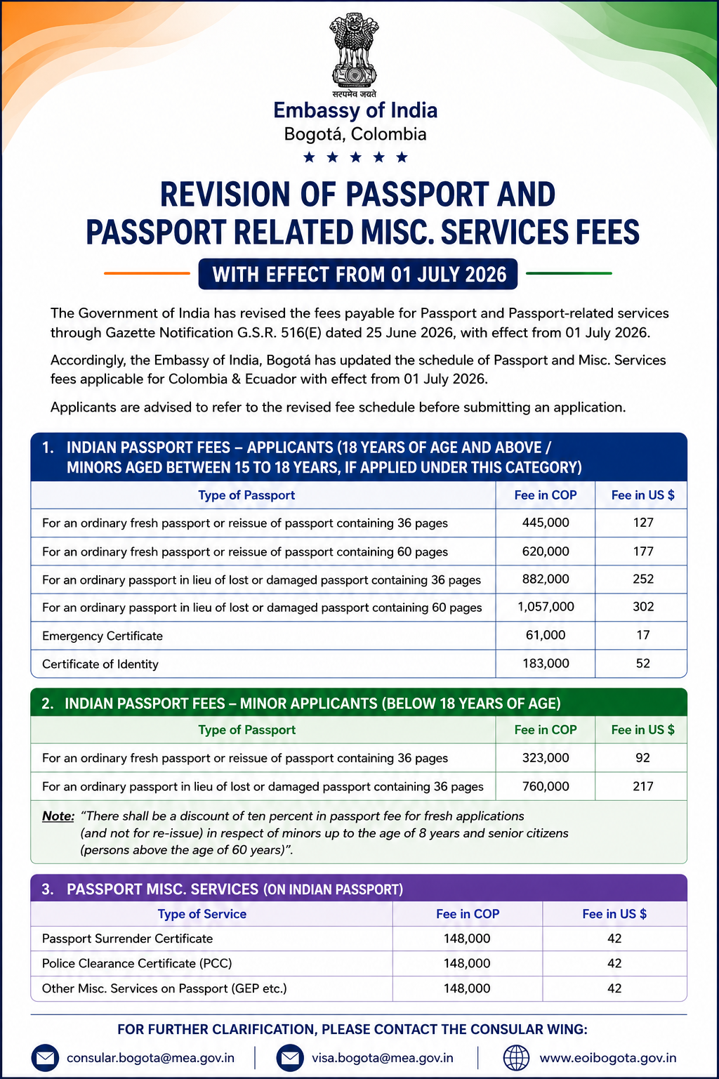 Revision of Passport and Passport Related Misc. Services Fees with effect from 01 July 2026